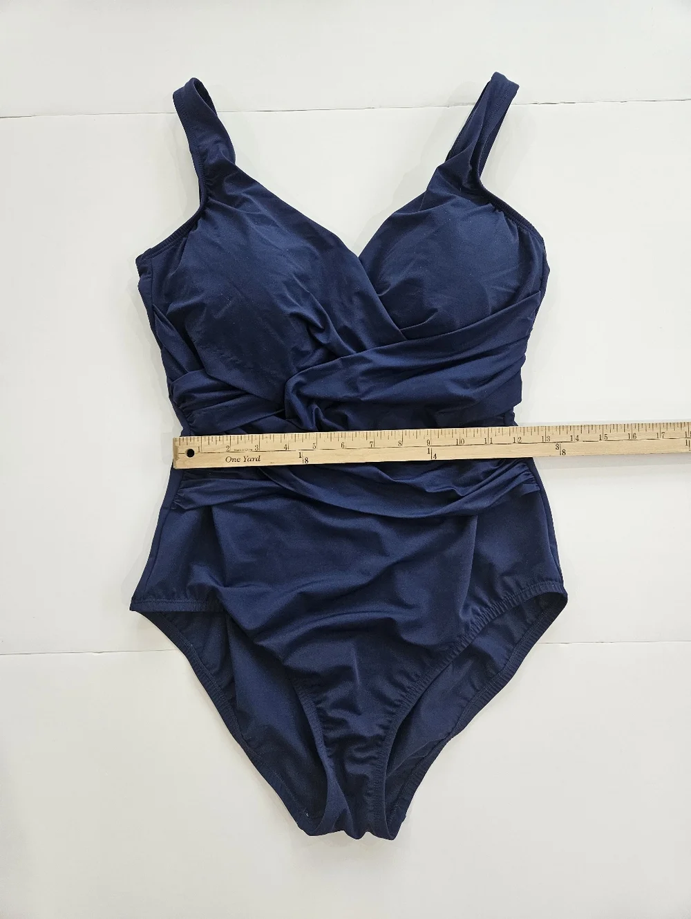 Lands’ End Slender Suit One Piece Swimsuit Womens 12 Blue Ruched Tummy Control
